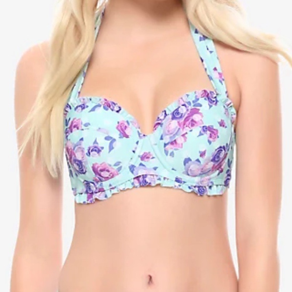 Bikini Top L Halter Ruffle Floral Polka Dot